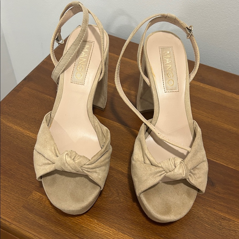 Mango Beige Platform Heels with Bow Detail